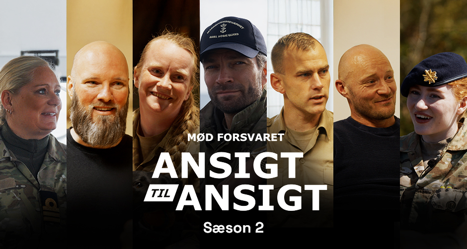 Promotionsbanner for sæson 2 af "Mød Forsvaret: Ansigt til Ansigt" med en række forskellige militærfolk i uniform.
