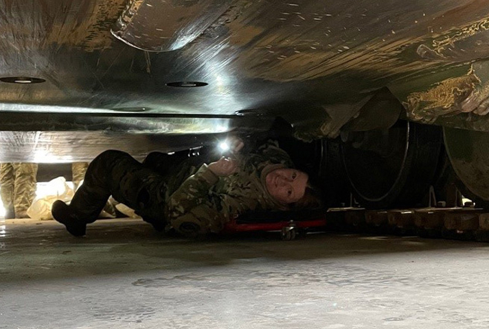 Afdelingsdyrlæge Lena kontrollere undervogn på lastbil dyretransport