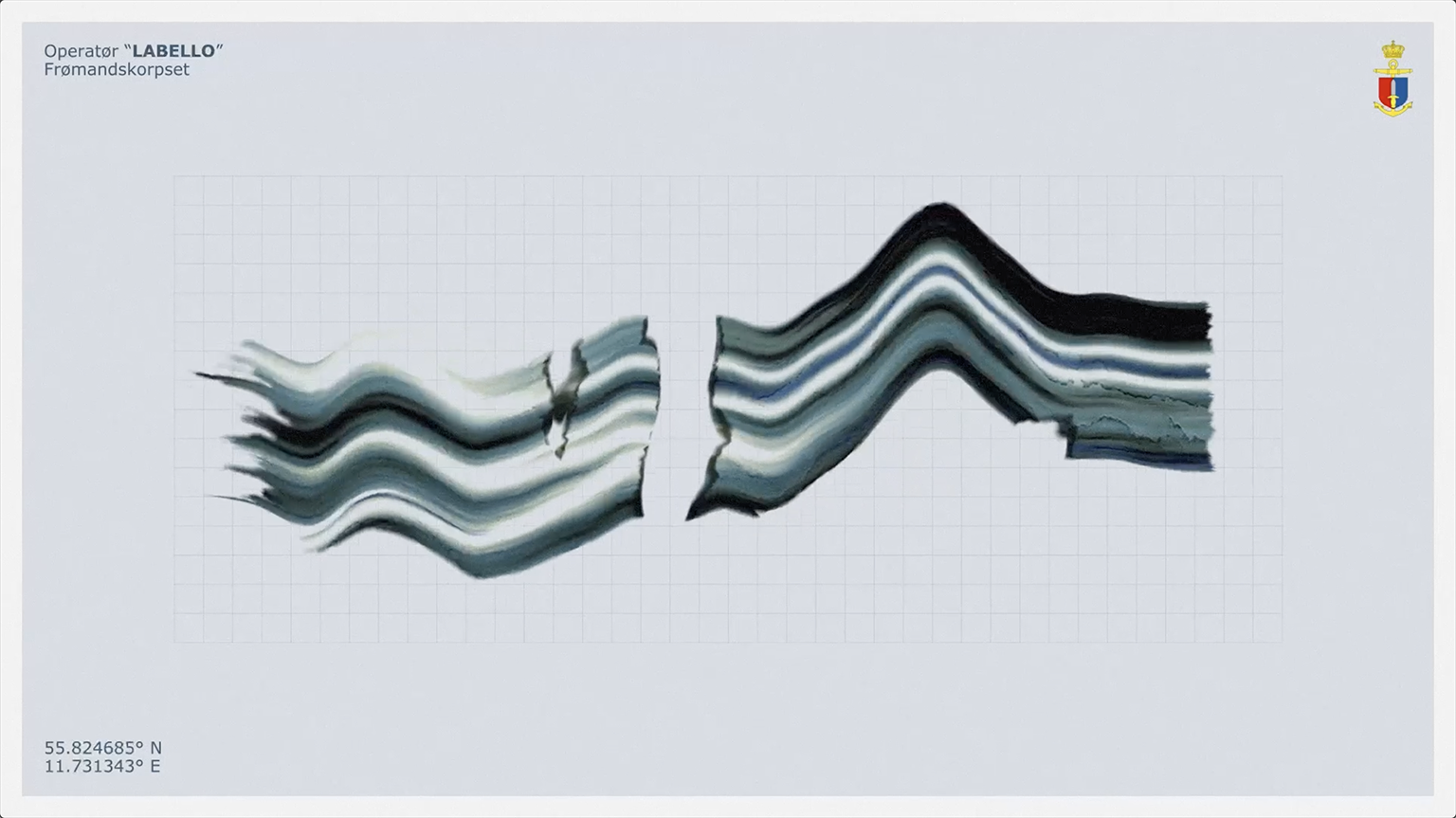 Grafisk illustration af bølgende segmenter i grå og sort med koordinater, et våbenskjold øverst til højre og teksten "LABELLO".