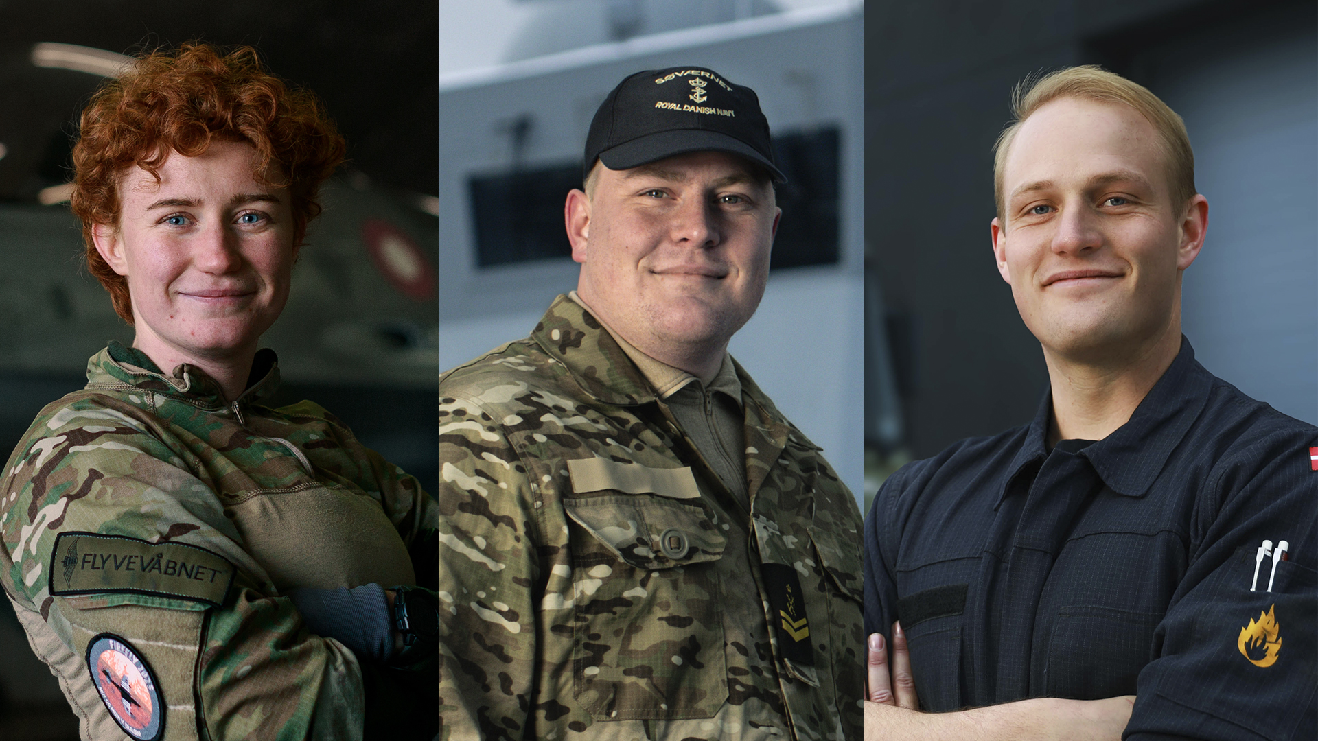 Tre personer i uniform, hver fra forskellige dele af Forsvaret, står og kigger ind i kameraet.