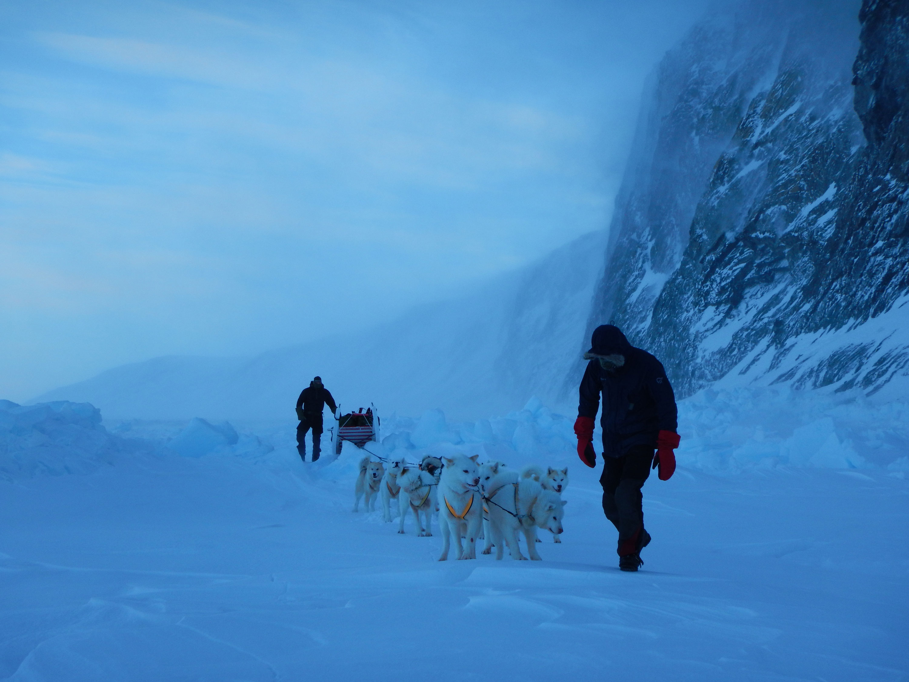 En slædefører og et hundespand bevæger sig over et stort, vindfejet snelandskab mellem to sneklædte fjelde i klart sollys