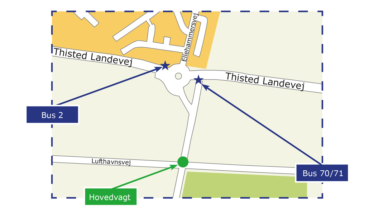 Kort med busruter og placering af hovedvagten ved Aalborg Kaserne på Thisted Landevej.