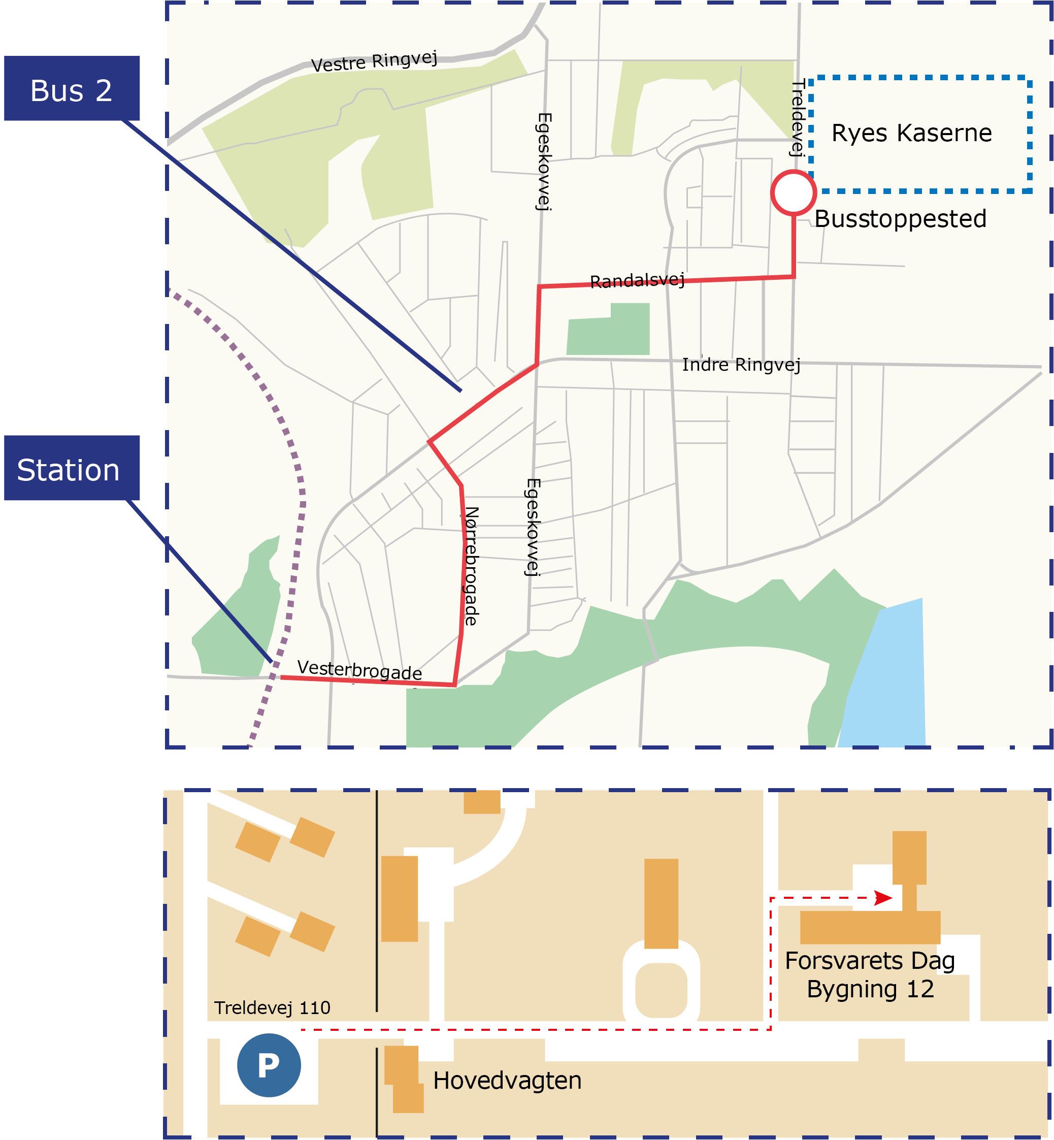 Kort over Ryes Kaserne i Fredericia med rute fra station/busstop til hovedvagten og bygning 12 samt markeret parkering.