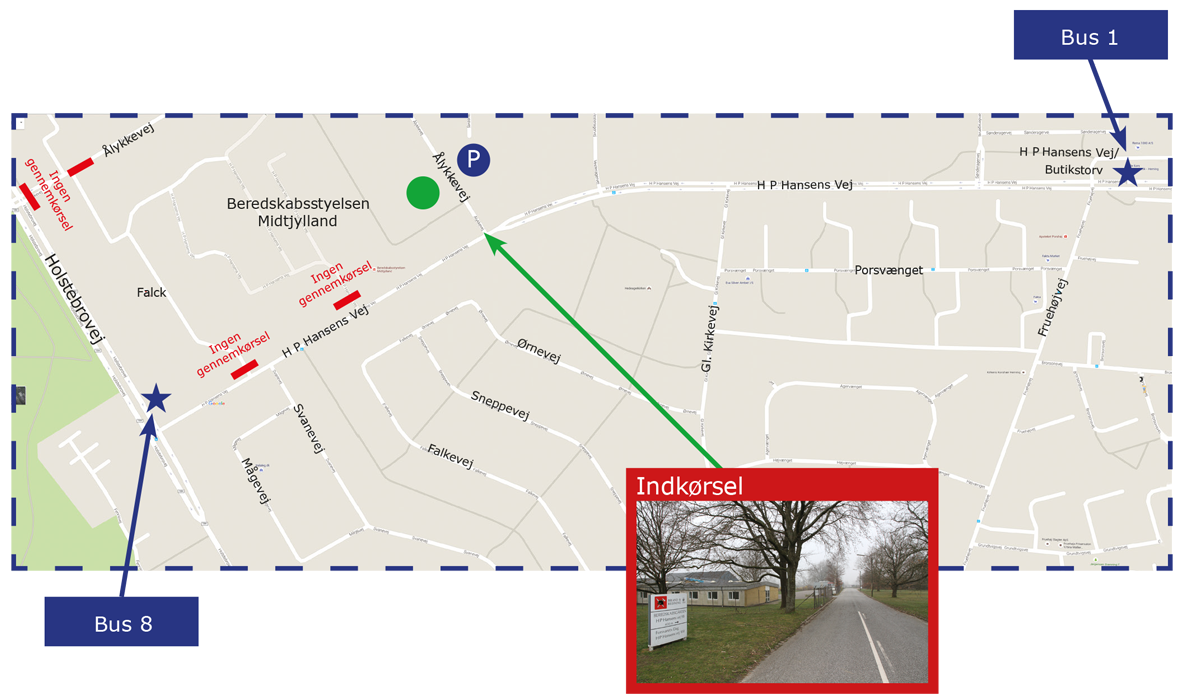 Kort over Beredskabsstyrelsen Midtjylland med busruter, parkering og indkørsel til Rekrutteringscenteret.