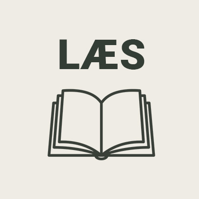 Grafik med teksten “LÆS” og en enkel illustration af en åben bog.